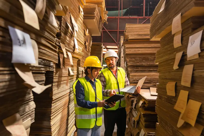 Two staff checking stock in a packaging warehouse: the running costs between invoices.